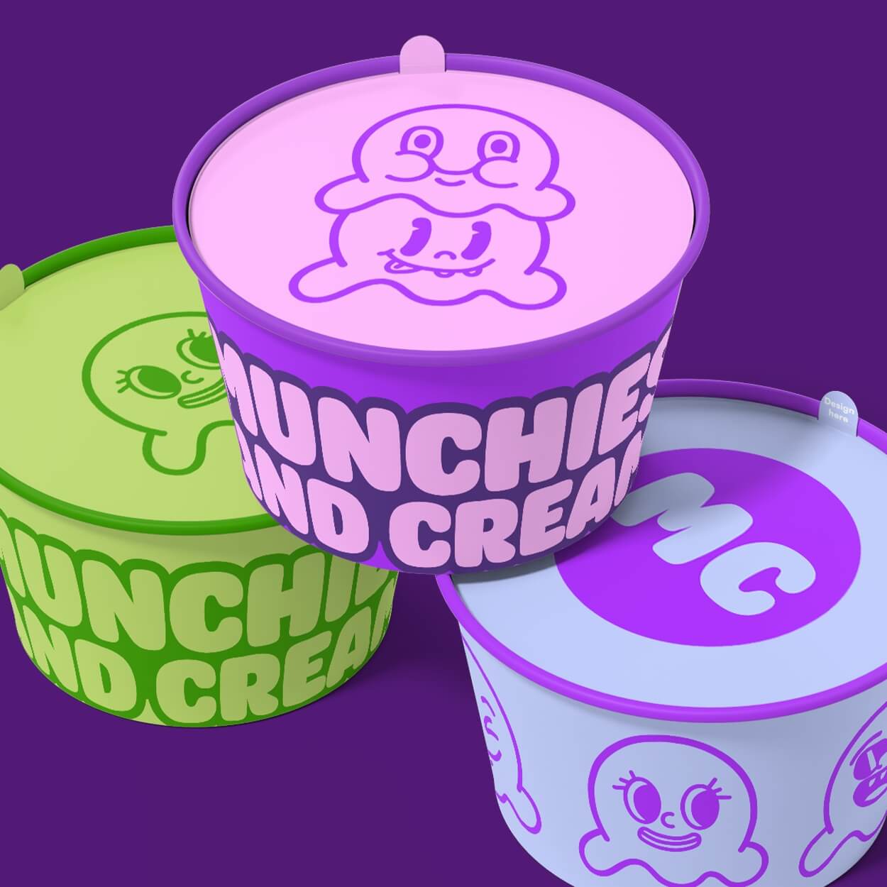 Munchies and Cream – a group of icecream containers with cartoon characters on them